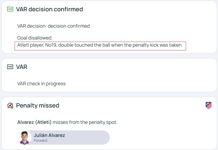 官方明確！歐冠官網(wǎng)：阿爾瓦雷斯罰點(diǎn)時(shí)2次觸球，VAR決定進(jìn)球無效